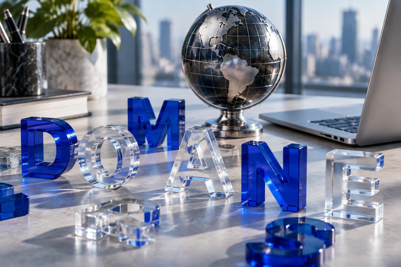 Glass letterforms and a globe representing domain naming and global brands